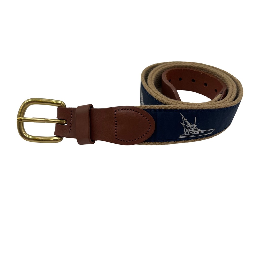VTG Leather Man Ltd Go Fishing Sportfish Boating Nautical Ribbon Web Belt Sz 42